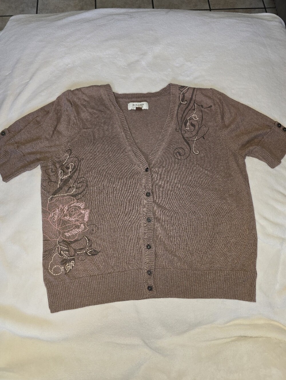 Sonoma Brown Floral V-Neck Button Short-Sleeve Cardigan